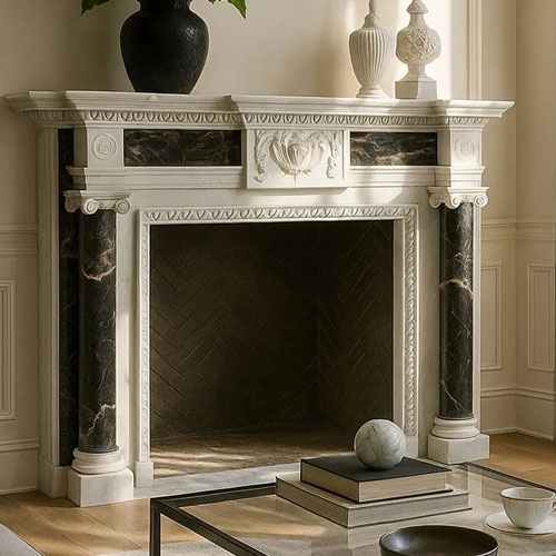 Black and White Marble fireplace mantel with rounded columns