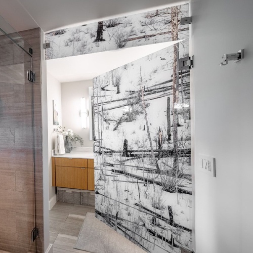 Custom shower door with digitally printed artwork glass panel