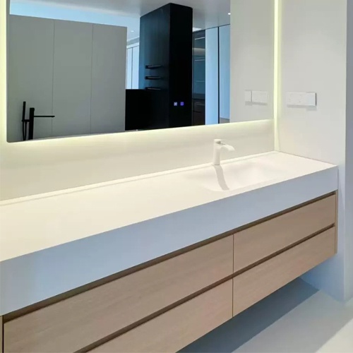Floating corian bathroom vanity with seamless and integrated sink
