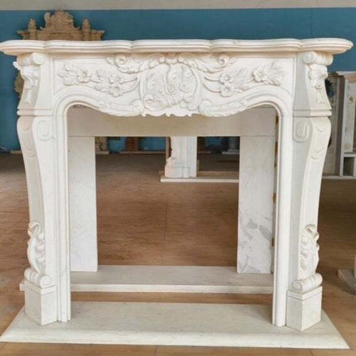Graceful French Louis XV Style Hand Carved White Marble Fireplace Mantle