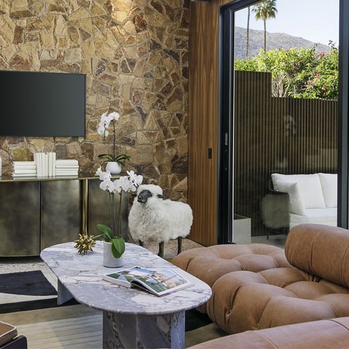 Marble coffee table in premier studio suite of luxury resort