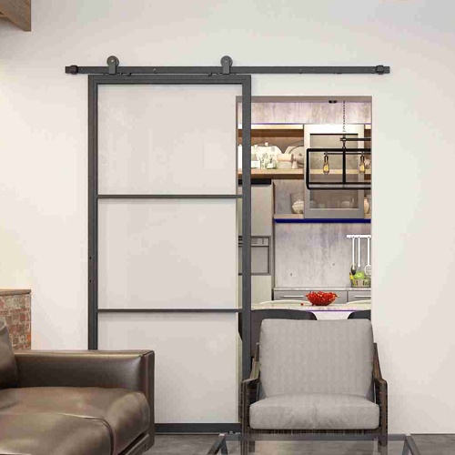 Modern Style Sliding Glass Door for Bathroom or Kitchen Interior with Steel Frame Decorative Feature for Apartment Use