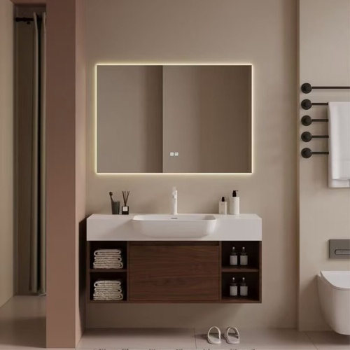 Modern bath vanity set wtih solid surface counter and wood base
