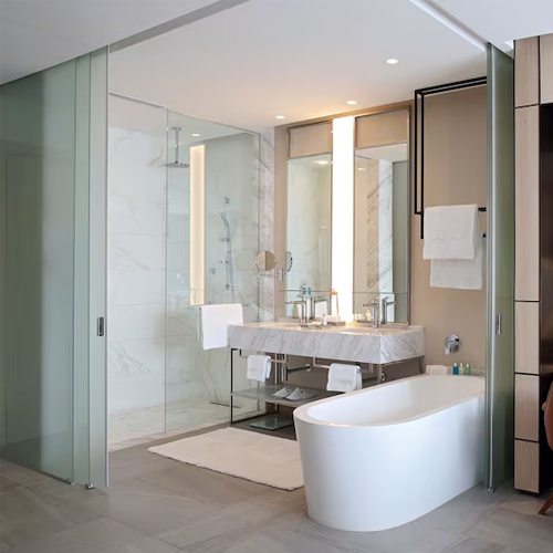 Telescopic bathroom partition by frosted glass