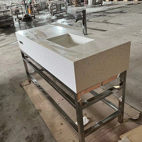 chrome polished metal base bath vanity with quartz top