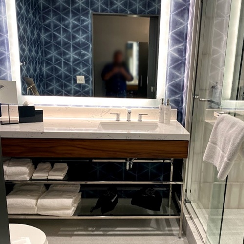 chrome polished metal bath vanity with tempered glass towel shelf