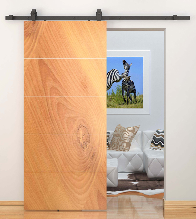 Wood grain barn door and industrial black hardware kit