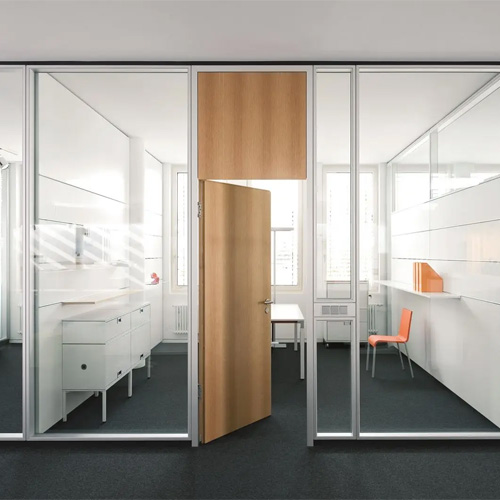 Glazing office partition room with wood entry door
