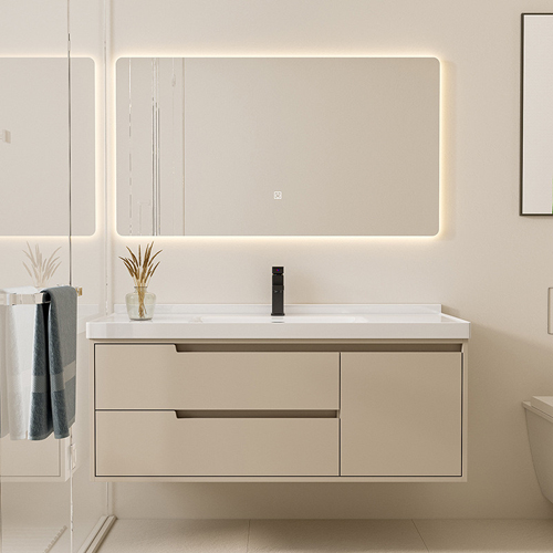 modern floating bathroom vanity with frameless lighting vanity mirror