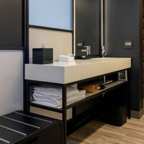 Bath vanities with metal frame and wood luggage bench funiture for Aloft by Marriott hotel