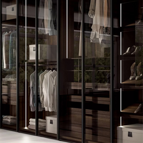 modular wardrobe with elegant metal profile and smoke glass