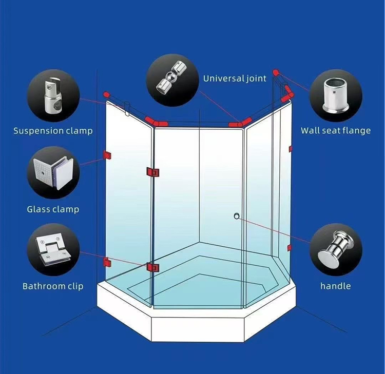 Glass fitting and hardware accessories for corner shower enclosure