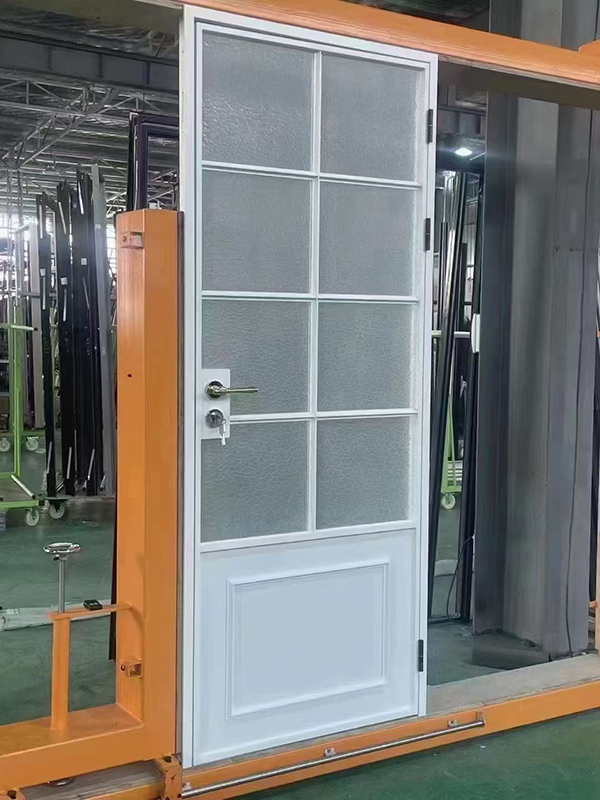 casement aluminum door patterned glass lite