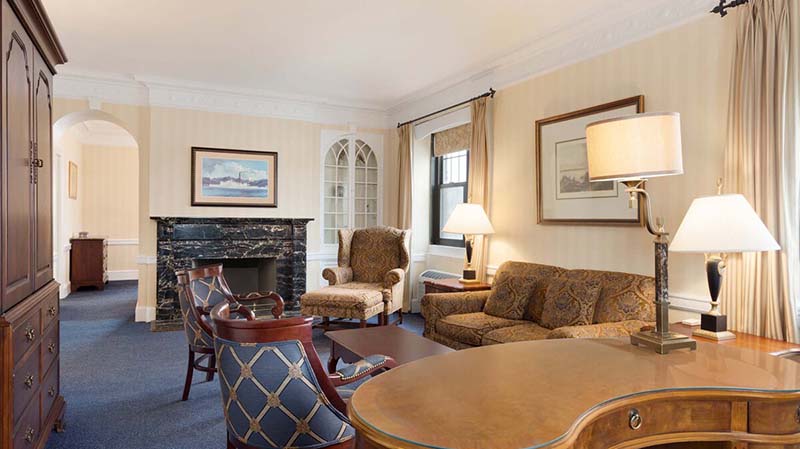 marble fireplace mantel in hotel room