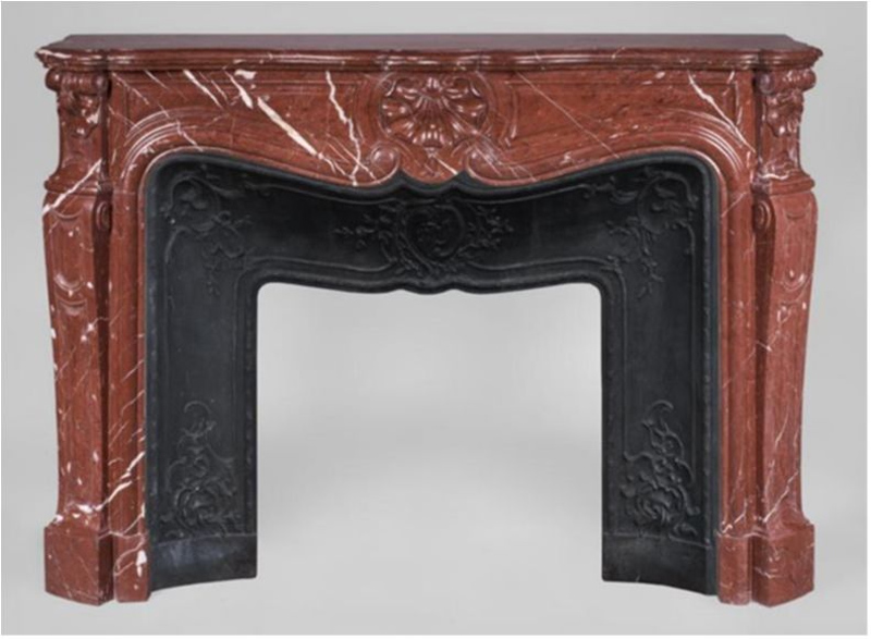 Antique Louis XV style fireplace three shells model in Rosso Alicante marble