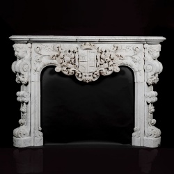A MAGNIFICENT AND HIGHLY IMPORTANT LOUIS XV STYLE WHITE CARRARA MARBLE FIGURAL FIREPLACE