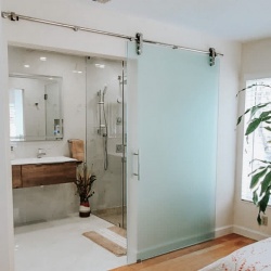Bathroom barn door with frosted glass