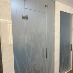 Bathroom frosted shower door with bespoke etching design