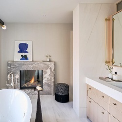 Bathroom with Gray Marble Fireplace Mantle