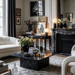 Bespoke marble furniture fireplace mantel and coffee table