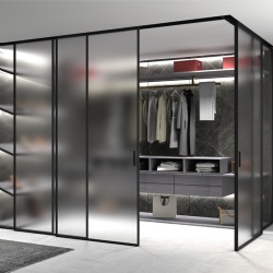 Closet room hanging sliding door with grey satin glass panel
