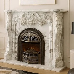 French Louis XV style white marble fireplace mantel reproduction