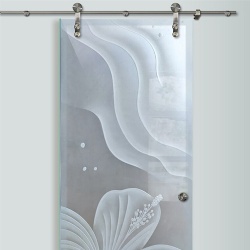 Frosted Glass Barn Door with Intricate Etched Graphic Design