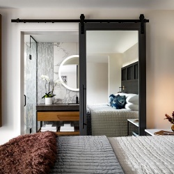 Glass Barn Doors with Metal Hardware