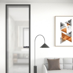 Interior swinging door with acid etched glass panel