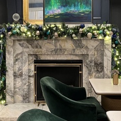 Marble fireplace mantel in hotel restaurant