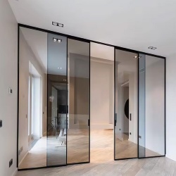 Panoramic aluminum door with light grey colored glass panel