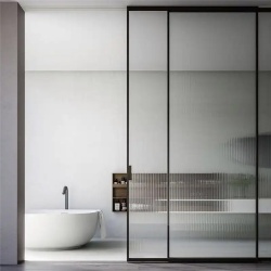 Panoramic bathroom sliding door with narrow vertial and horizontal aluminum profile