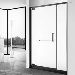 Shower enclosure with pivot hinged glass door and framed fixed glass panel