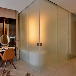 Telescopic bathroom partition by frosted glass