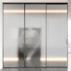 Triple pane synchronized sliding door by reeded glass