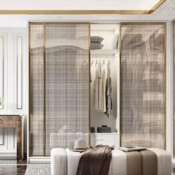 Walkin wardrobe with fabric laminated glass sliding door
