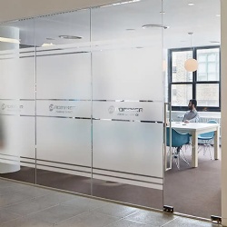 etched glass office wall divider with desired company logo