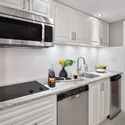 kitchenette with thermofoil PVC laminated cabinet door and multicolor granite counter tops