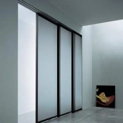 telescopic sliding door with satin frosted glass panel